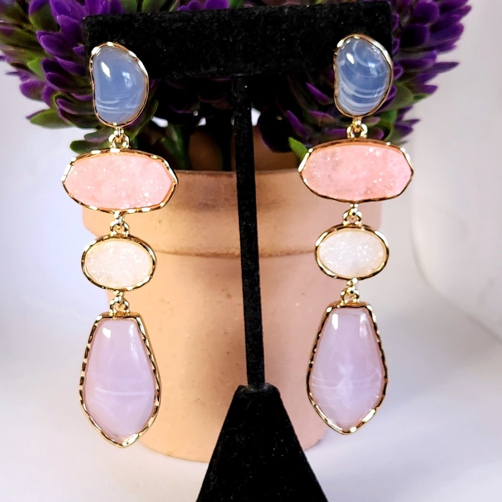 Pastel Multi Stone Tiered Drop Earrings Gold Tone Textured Frame Statement 3.25"